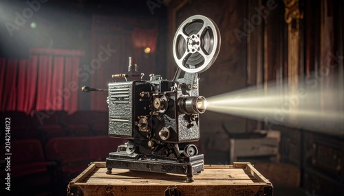 An ornate antique film projector casting a bright light beam in a vintage setting