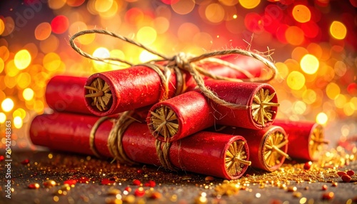 Bundles of Red Firecrackers Tied With Rope Against a Festive Bokeh Background