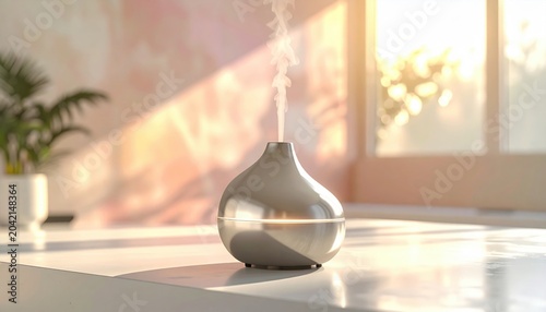 Brushed steel essential oil diffuser emitting mist and light in a sunlit room