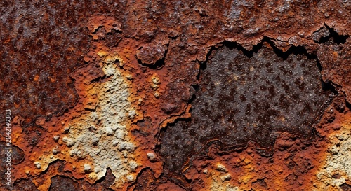 Close-up Macro Texture of Rusted Metal Surface with Peeling Paint.
