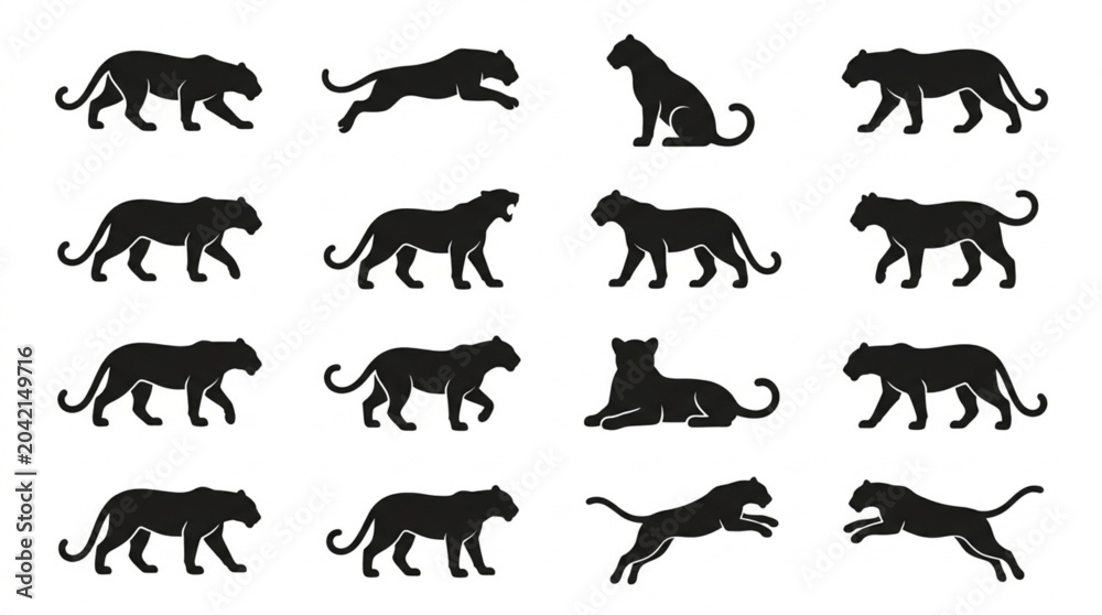 Obraz premium Black Silhouettes of Leopards in Various Poses.