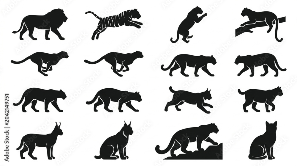 Obraz premium Black Silhouettes Of Various Big Cats.