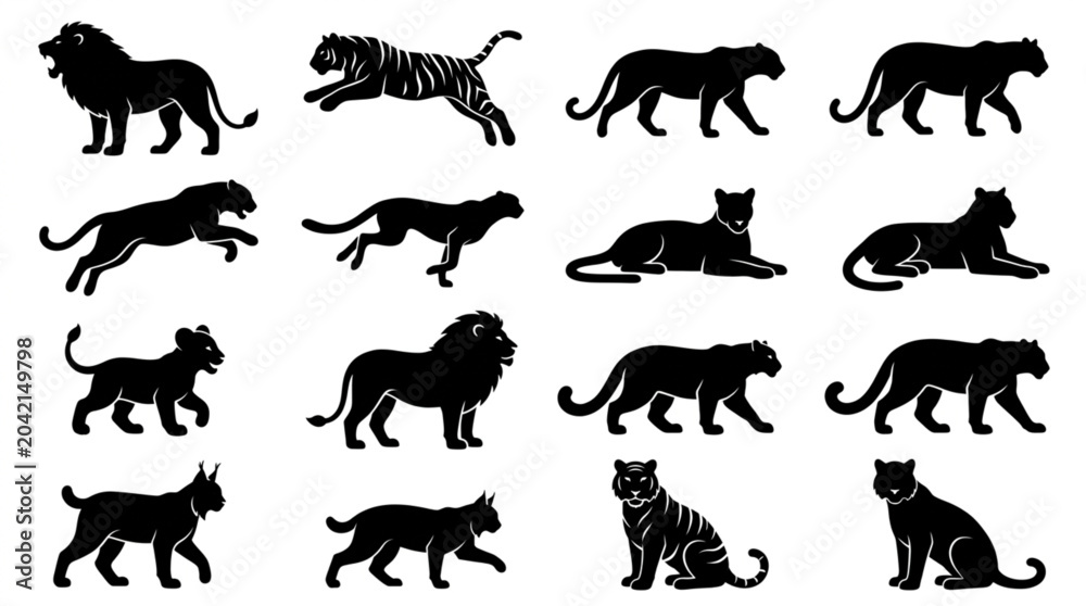 Obraz premium Black Silhouettes Of Various Big Cats.