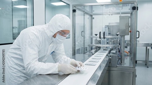 Worker in clean room preparing pharmaceutical products in lab setting during daytime