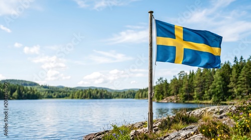 Swedish flag waving on wooden flagpole by forest lake under sunny sky wide angle shot