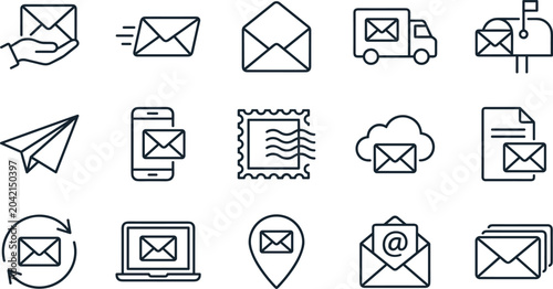 Postal service and email marketing line icon set featuring delivery trucks newsletter envelopes mailboxes and digital correspondence outline vectors