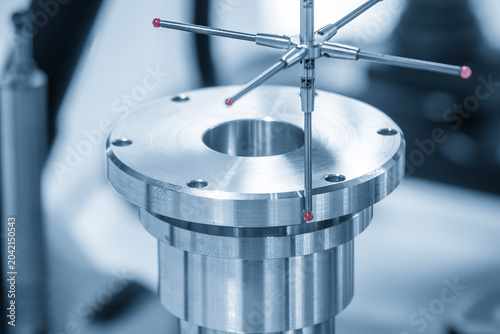 High-precision dimension measuring of a cylindrical shape part using a modular touch probe in a blue tone scene.