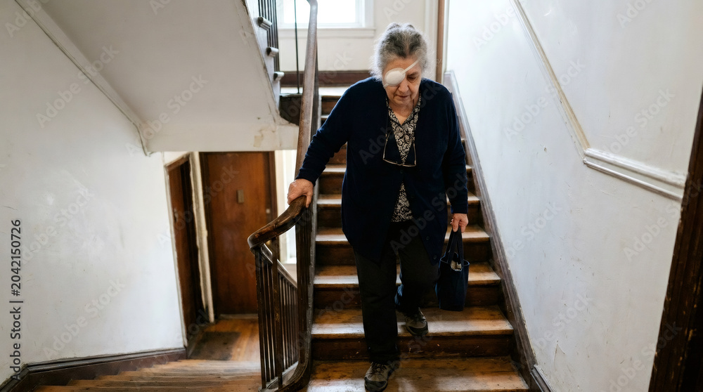 Fototapeta premium Elderly woman with eye patch walking down wooden stairs holding handrail. Senior female patient recovering from surgery. Concept of health, disability, safety and home care assistance.