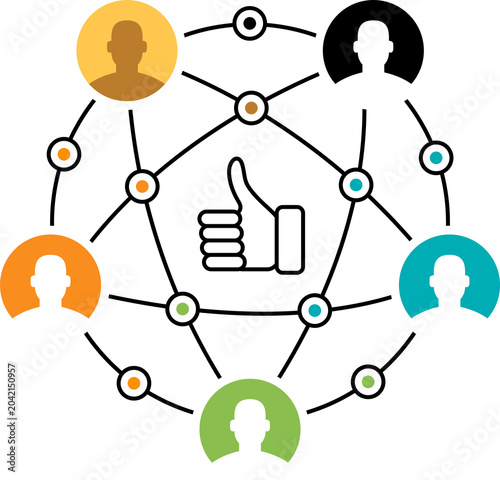 People connected in a social network with a like symbol isolated on transparent background