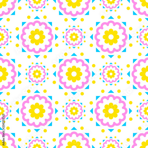 Colorful Retro Floral Geometric Seamless Pattern with Pastel Flowers
