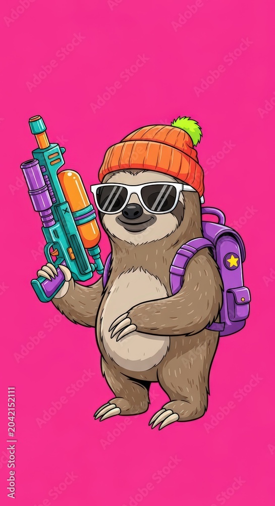 Fototapeta premium Funny Cartoon Sloth Wearing Beanie and Sunglasses Holding a Water Gun Illustration