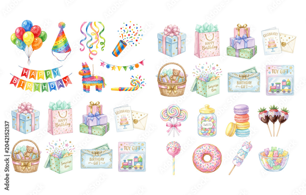 Obraz premium Birthday Party Watercolor Vector Set with Balloons Cake and Gifts