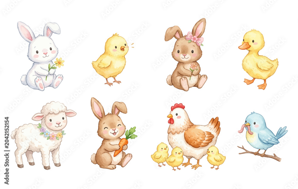 Obraz premium Easter Spring Baby Animals Watercolor Vector Set with Bunny and Chick