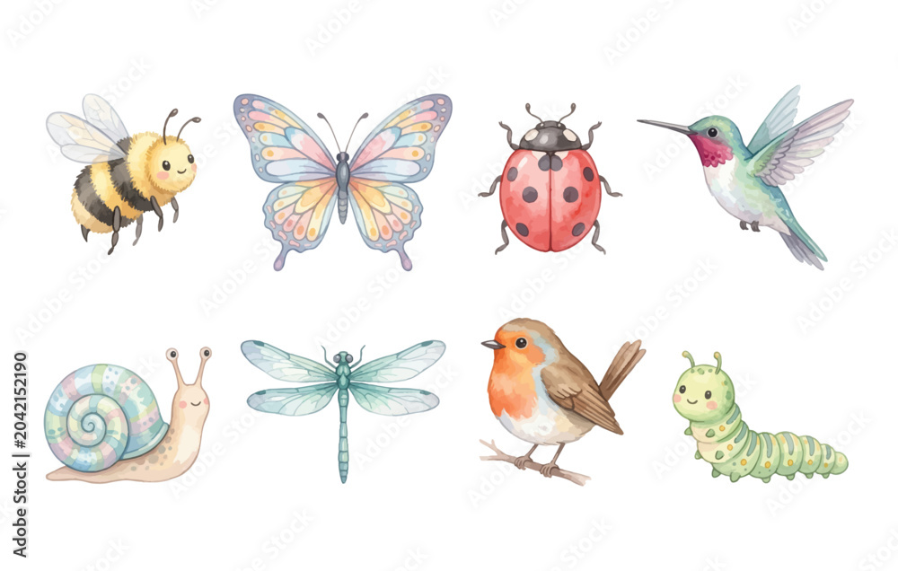 Fototapeta premium Garden Insects and Birds Watercolor Vector Set with Butterfly and Bee