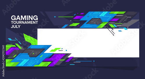 Gaming Tournament July Abstract Background with Neon Geometric Shapes and Copy Space