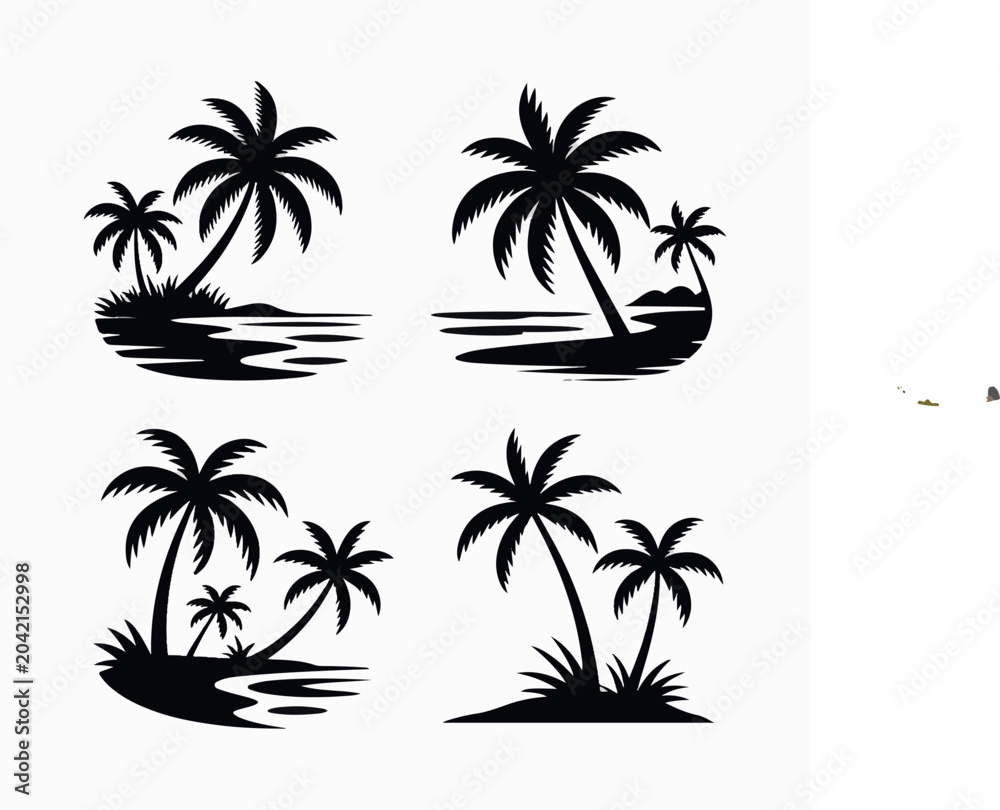 Fototapeta premium Black silhouette illustrations of palm trees on tropical islands beach