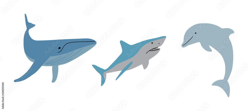 Fototapeta premium A set of hand-drawn vector illustrations of cute marine creatures such as whales, sharks, and dolphins. Marine animal graphic elements suitable for children's design and education.