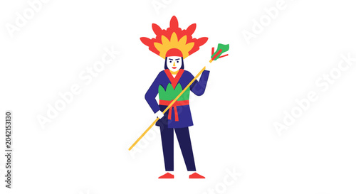 Foto Person in Colorful Traditional Costume with Fire Headdress and Spear