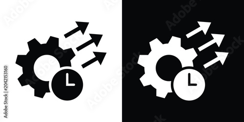 Bild auf Leinwand Gear icon with a clock and three upward arrows, representing time management, workflow optimization, productivity growth, and operational efficiency in solid black and white variations