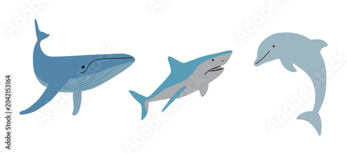 A set of hand-drawn vector illustrations of cute marine creatures such as whales, sharks, and dolphins. Marine animal graphic elements suitable for children's design and education.