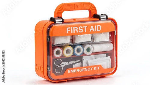 first aid emergency kit box photo medical supplies orange handle transparent plastic bandages scissors tape isolated white background healthcare safety preparedness accident