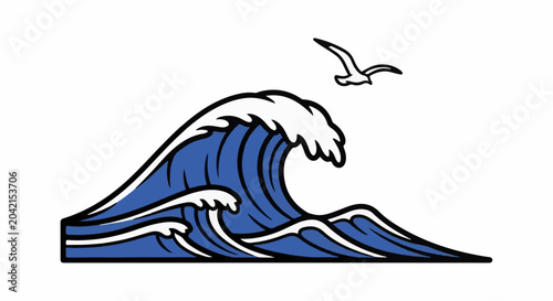Stylized blue wave crests with a white seabird in flight above