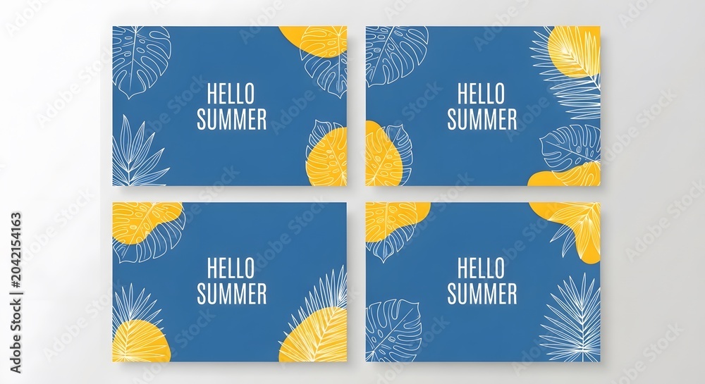 Obraz premium Hello summer greeting card with sun and palm leaves