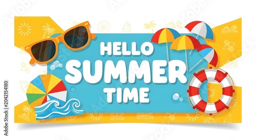 Hello summer time cheerful colorful beach illustration