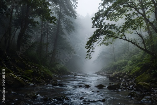 Mystical Misty Forest River at Dawn with Mossy Rocks and Atmospheric Fog