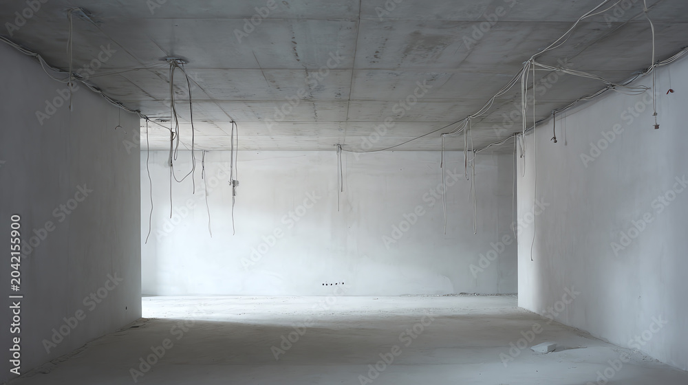 Obraz premium Empty interior space with unfinished walls and ceiling, showcasing construction details and potential for design.