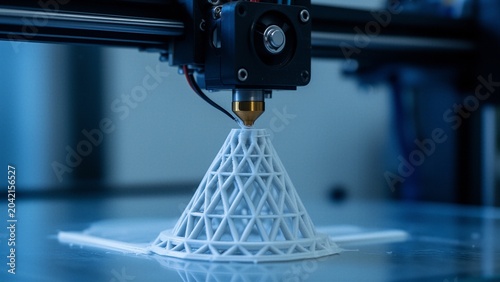 Obraz na płótnie A 3D printer creating a geometric cone structure with precision.