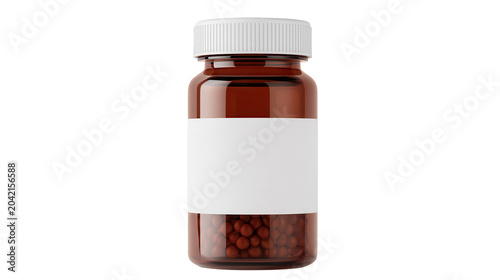 A brown medicine bottle with a white label on transparent background