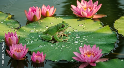 A green tree frog with a White's tree frog or a similar species, resting on a large, dew-covered lotus leaf