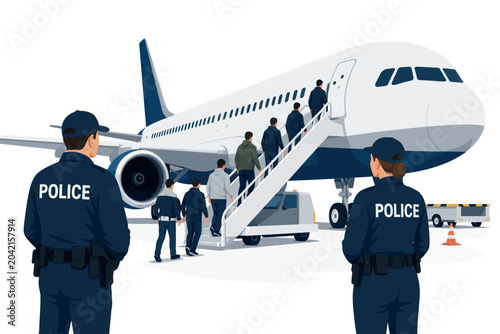 Photos Vsai police officers overseeing people boarding an airplane