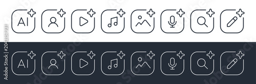 AI Content Generation and Search Icon Set. Artificial Intelligence Symbols for Search, Creation, and Automation.