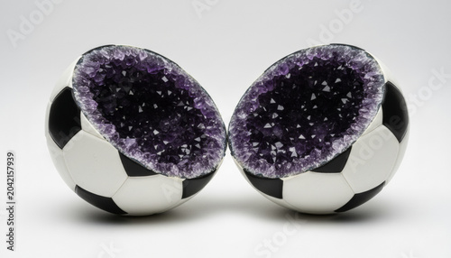 Soccer ball geode amethyst crystal slice half mineral interior, black and white football cut open, purple gemstone cavity on clean studio background, surreal concept