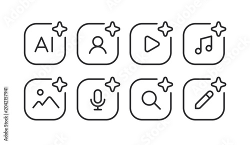 AI Content Generation and Search Icon Set. Artificial Intelligence Symbols for Search, Creation, and Automation.