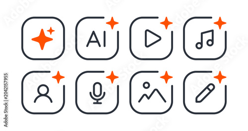 AI Content Generation Icon Set. Artificial Intelligence Symbols for Video, Music, Image, and Text Creation.