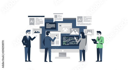 AI Technology Team Collaboration Analyzing Data on Computer Screen