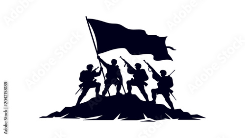 Bild auf Leinwand Soldiers Raising Victory Flag, Military Teamwork Silhouette Vector, Patriotic Ar