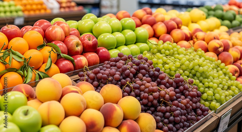 Vibrant display of organic harvest featuring crisp apple citrus orange juicy grape and velvet peach organized in rustic wooden crates within a modern grocery store marketplace aisle.
