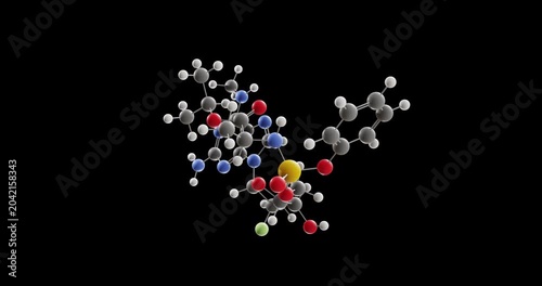 Arbemnifosbuvir molecule, rotating 3D model of antiviral drug, looped video on a black background
