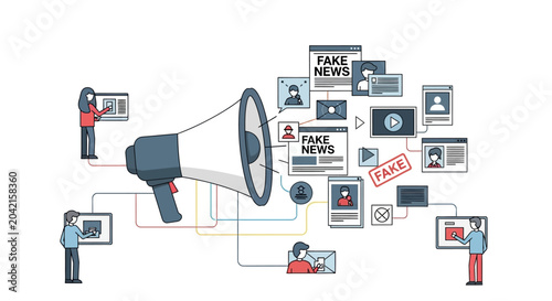 Photos Fake news spreading through megaphone and social media, digital disinformation c