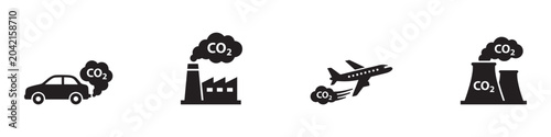 CO2 emission icon set. Carbon dioxide pollution symbol. Factory car and airplane greenhouse gas logo. Climate change sign. Vector illustration. Vector Graphic. EPS 10
