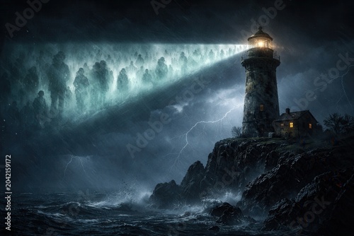 Haunted lighthouse casting ghostly silhouettes through stormy night over dark ocean cliffs scene