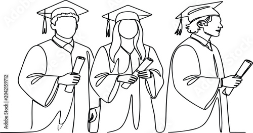 Graduate Students Portrait, Academic Achievement Line Drawing, Education Vector, University Graduates Holding Certificates, Graduation Outline Character Illustration.