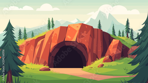 A cartoonish digital illustration features a large orange-red rock archway with a dark cave-like opening at its center