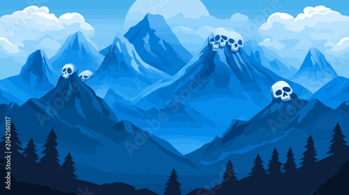 Dark, mystical landscape with silhouetted pine trees, layered blue mountain peaks, white skull icons, and a sun/moon in a gradient sky
