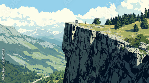 Towering cliff with lush greenery atop, overlooking rolling valleys, distant snow-capped mountains, clear azure sky with billowing clouds