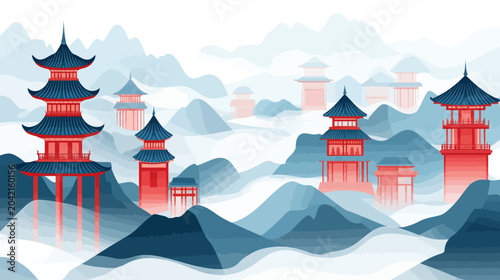 Abstract vector art of red and blue pagodas amidst stylized misty mountains, blending traditional Eastern architecture with modern digital art aesthetics